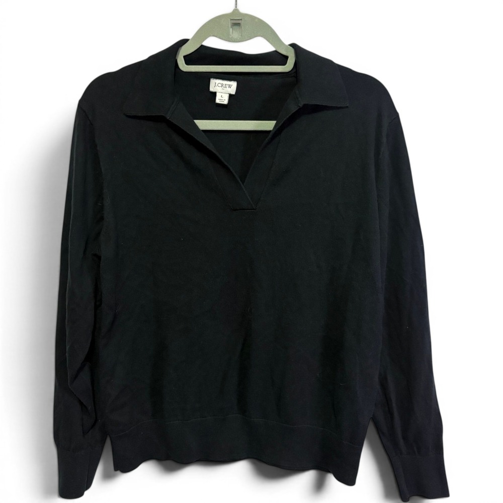 J.Crew Womens Black 100% Cotton Long Sleeve V-Neck Polo Sweater BY045 Size L